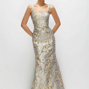 Dessy Collection Gold and Silver Floral Maxi Dress